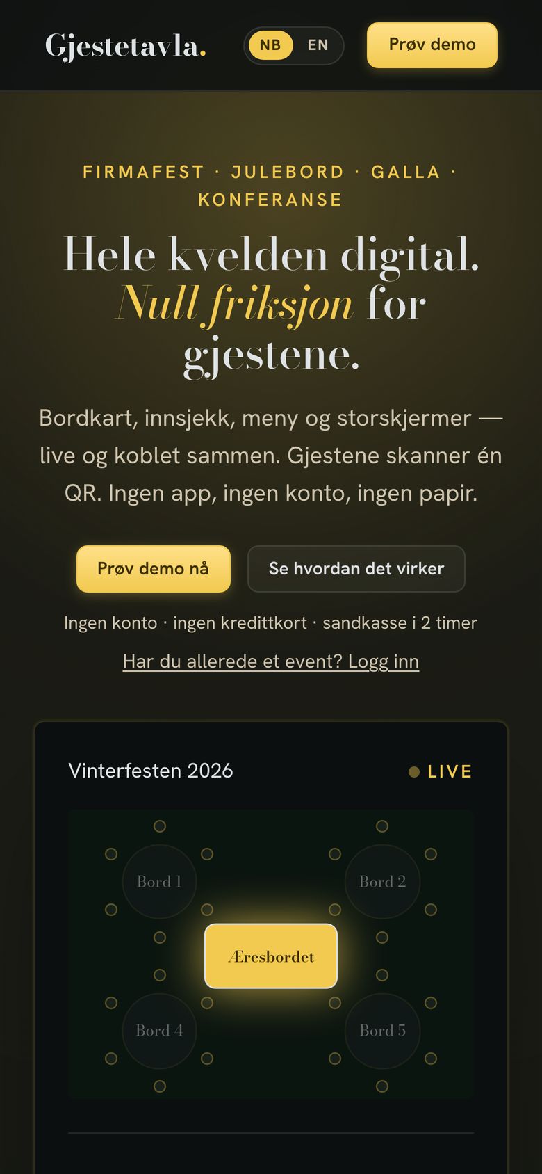 Gjestetavla på mobil, med introtekst, demoknapp og bordkartet under.